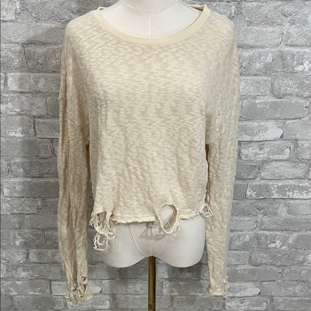 HAVANA Cream Textured Distressed Long Sleeve Top